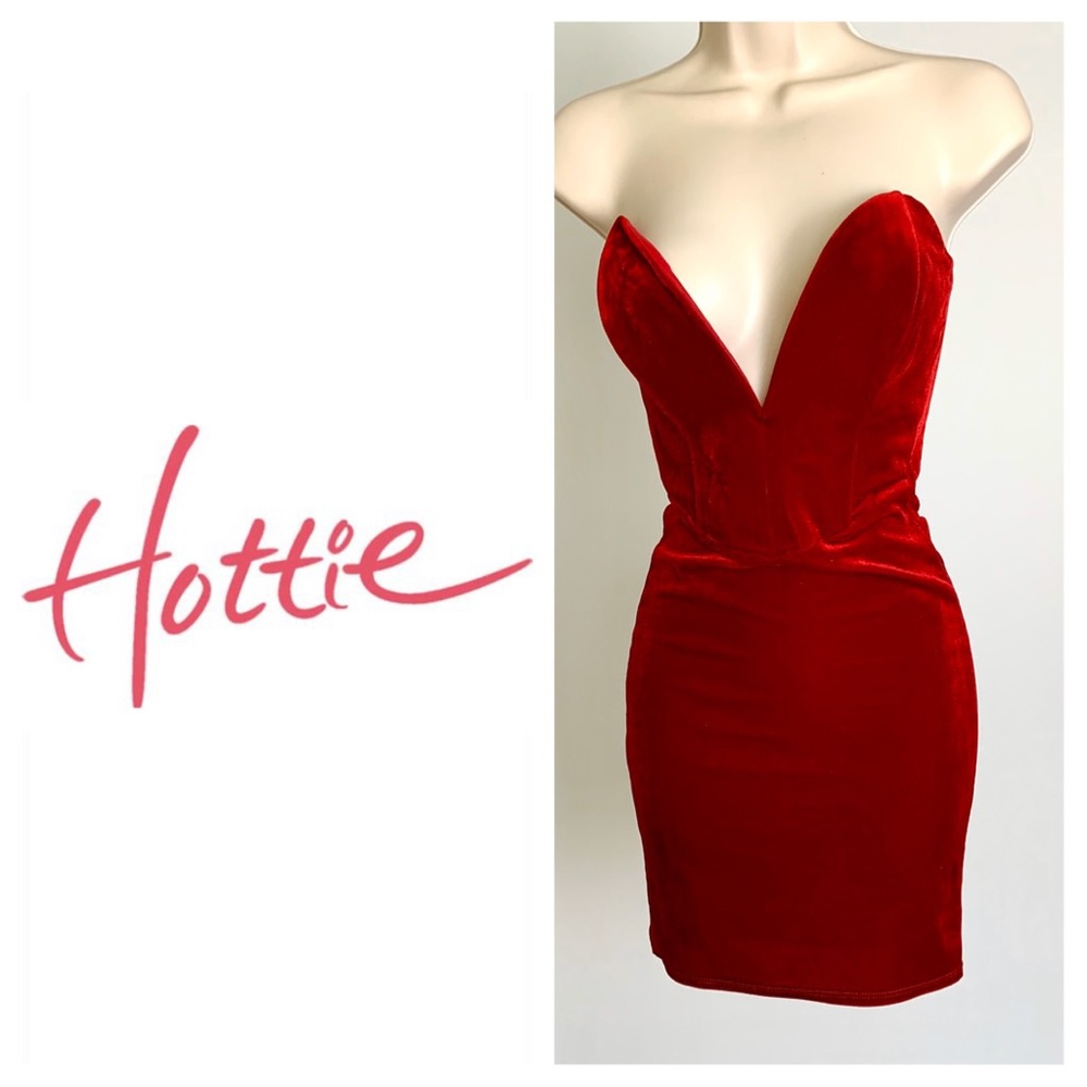 HOTTIE Red Velvet Deep V Mini Dress